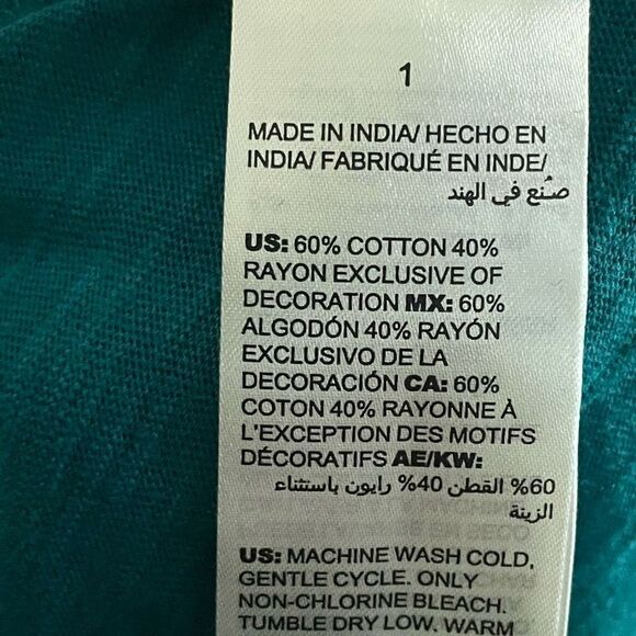 CHICO’S Heather Teal Asymmetrical Lace-Front Top, 3/4 sleeves - Picture 4 of 6